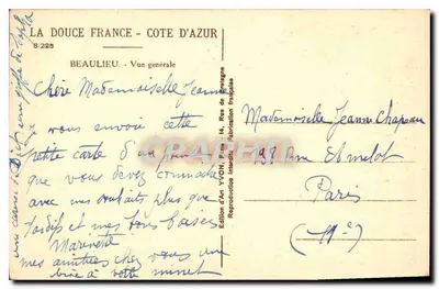 Beaulieu-sur-Mer — Ogólny widok — Wydawnictwo Art YVON, Paryż — Rewers