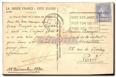 Głowa Psia widziana przez pergolę — Nice, Côte d'Azur — Wydawnictwo L'Art YVON, nr 1/196 — Rewers