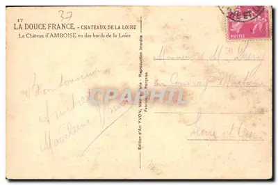 Zamek w Amboise — widok z brzegów Loiry — Wydawnictwo Art YVON, Neuilly Paris — Rewers