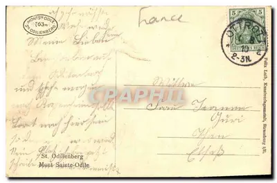 Mont Sainte-Odile — widok z zamku na skałach — wydawca Felix Taub, Strasbourg — Rewers