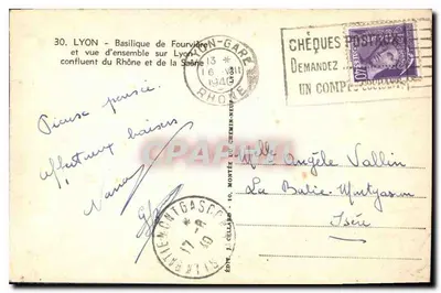 Lyon — Bazylika Fourvière i ogólny widok na Lyon — złącze rzek Rony i Saony — Rewers