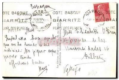 Biarritz — Plaża i Kasyno — wydawca V. Nog — Rewers