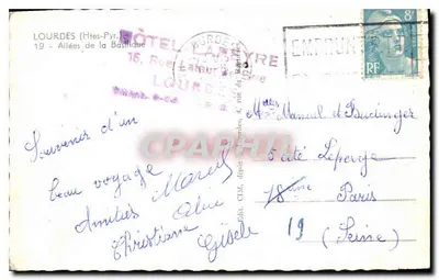 Lourdes — Avenidas da Basílica — Hotel Lapéyre, editor CLM, n°19 — Verso