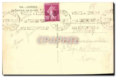 Lourdes — Bazylika widziana z boku — P. I. — Wydawnictwo P. Doucet, Lourdes — Rewers