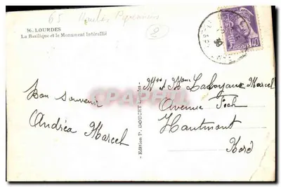 Lourdes — A Basílica e o Monumento Interallié — Edição P. DOUCET Lourdes — Verso