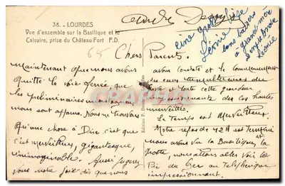 Lourdes — Widok ogólny na Bazylikę i Kalwaryjny, z Cytadeli — Wydawnictwo F. Donat, Lourdes, nr 38 — Rewers