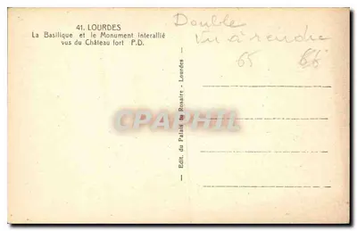 Lourdes — Bazylika i Pomnik Interallijski widziane z Zamku Fortu — Wydawca Palais du Rosaire, Lourdes — Rewers