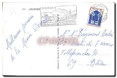 Lourdes — Grotta, statua Najświętszej Maryi Panny, świątynia — Wydawnictwo P. Doucel, nr 111 — Rewers