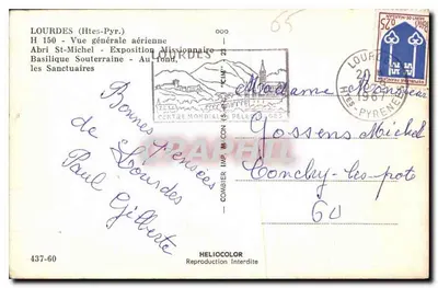 Lourdes (Wysokie Pyrenée) — Ogólny widok z lotu — Schron św. Michała, Podziemna Bazylika — Wydawca Héliocolor, nr 437-60 — Rewers