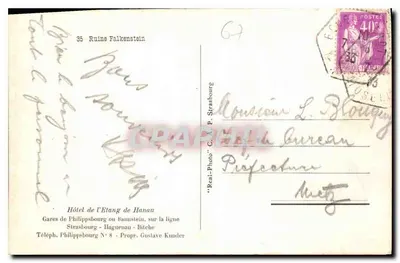 Ruina Falkenstein — Ruina Falkenstein na linii Strasbourg - Bâtenau — wydawca 'Real-Photo' C. P. Kunder — Rewers
