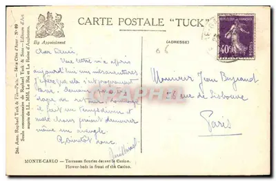 Ogród kwiatowy przed kasynem — Monte-Carlo — wydawca Tuck & Fils, seria n° 69 — Rewers