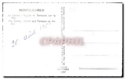 Monte-Carlo — O Casino: Fachada e Terras sobre o Mar — Edição Lavelle & Cie — Verso