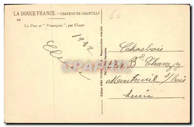 Castillo de Chantilly — El Parque y "Proserpina", de Chapu — Edición Artística YVON, París — Reverso