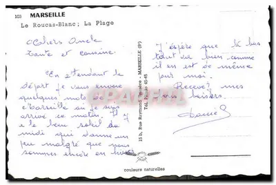 Le Roucas-Blanc ; La Plage — Marseille — éditeur 'Photo Naturelles' n°103 — Verso
