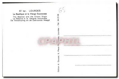 Lourdes — A Basílica e a Virgem Coroada — Edição A. Doucet, Place Peyramale — Verso
