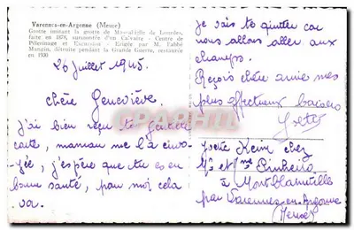 Gruta imitando a gruta de Lourdes — Varennes-en-Ardenne (Meuse) — construída em 1878, restaurada em 1930 — Verso
