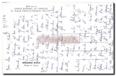 Tordo azul — sobre tronco de aliso — Editado por el Comité Nacional de la Infancia — Reverso