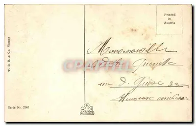 Mała dziewczynka z falistymi włosami — z gałęzią kwiatów — W. R. B. & Co. Wiedeń, seria 2961 — Rewers