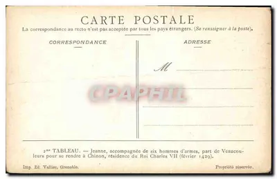 Antike Ansichtskarte Bild Jeanne begleitet von sechs Soldaten verlässt Veaucouleurs, um nach Chinon zu gehen res — Rückseite