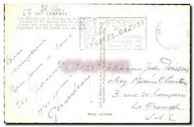 Lourdes — Widok lotniczy na Bazylikę i Gave — Wydawca Éd. P. Doucet — Rewers
