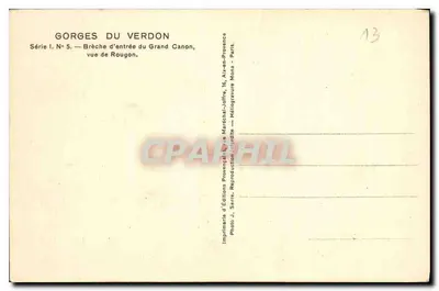 Gorges du Verdon — Brèche d'entrée du Grand Canon, vue de Rougon — Edizioni Provenzali, Serie I. N° 5 — Verso