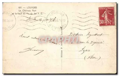 Zamek wzniesiony i szczyt Pic du Jer — Lourdes — Wydawnictwo P. Doucet, nr 107 — Rewers