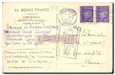 Cannes — Pôr do Sol — Tirage especial de l'Entraide Unioniste — Verso