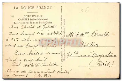 Cannes — Widok hoteli z kasyna Palm Beach — Éditions d'Art Mariel — Rewers