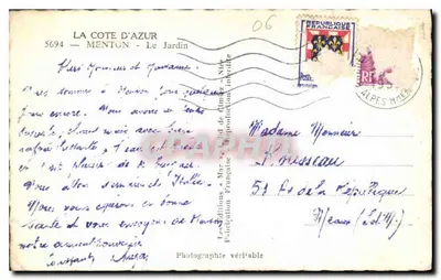 Ogród Menton — Wzrok na zamek i góry — Wyd. La Côte d'Azur, Menton — Rewers