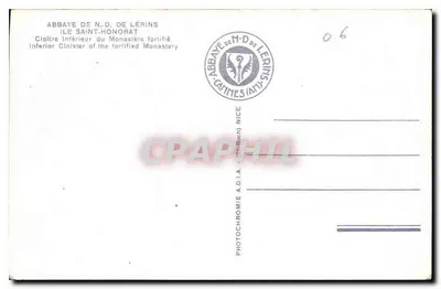 Dolny klooster klasztoru Najświętszej Maryi Panny z Lérins — Wyspa Świętego Honorata — wydawca A.D.I.A. (Nice) — Rewers