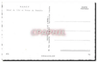 Nancy — Hotel de Ville e Estátua de Stanislas — Editor Estel, n° 802 — Verso