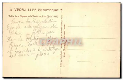 Versalhes — Sala da Assinatura do Tratado de Paz (Junho 1919) — Editado pela Casa YVON, Paris — Verso