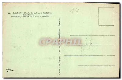 Lisieux — Jeden z portali katedry Świętego Piotra — Karty 'La Cigogne', 25, av. de la République, Deauville — Rewers