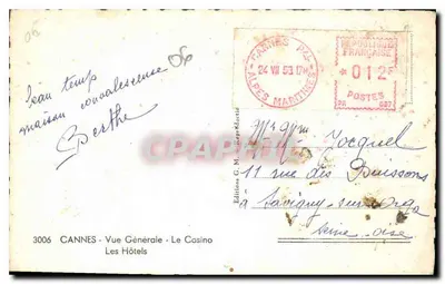 Cannes - Widok ogólny - Kasyno — Wydawnictwo C.M. nr 3006 — Rewers