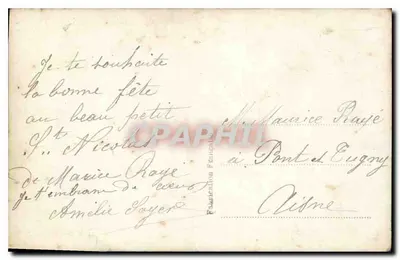 Enfant en salopette rouge — bouquet de violettes — E.R. Paris n°604 — Rewers