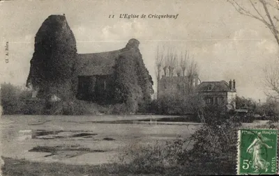 A Igreja de Cricquebœuf — ruínas cobertas de vegetação — editor Cl. A. Béra