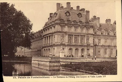 Pałac w Fontainebleau — Terrasa Jeziora Ryb i Aleja Ludwika XV — Wydawca Lanchand, nr 12