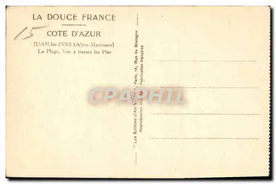 Juan-les-Pins — Vista de la playa a través de los pinos — Ediciones d'Arte Yvonn, París — Reverso