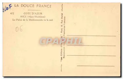 Nice. Pałac Śródziemnomorski widziany w nocy — Wydawnictwo La Douce France, n° 472 — Rewers