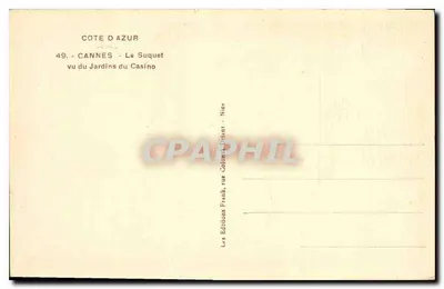 Cannes - Le Suquet visto dos Jardins do Casino — Edições Frank, rue Colon, Nîce — Verso