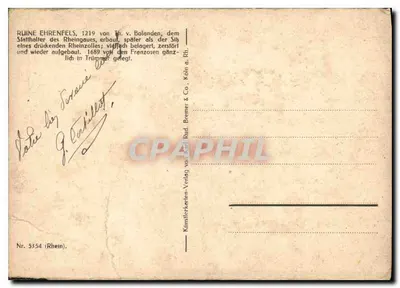 Ruina Ehrenfels — zrujnowany zamek nad Rynem — Künstlerkarten-Verlag, nr 5354 — Rewers