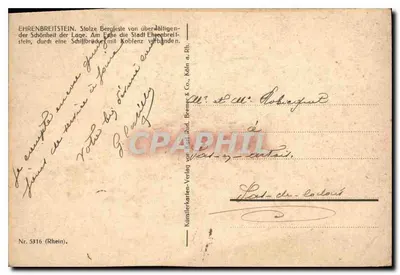 Ehrenbreitstein — widok zamek na wzgórzu i most — Künstlerkarten-Verlag von Karl Rud. Bremke & Co. — Rewers