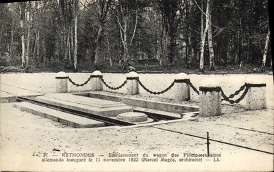 Rèthondes — Localização do vagão dos Pléïmpotentiaires alemães inaugurado em 11 de novembro de 1922 (Marcel Magès, arquiteto) — LL