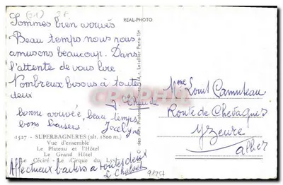 Superbagnères (alt. 1800m) — vista geral com o Grand Hôtel — editor C. des Arts Photographiques, Paris — Verso