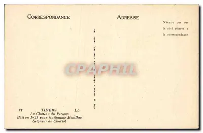 Zamek Piroux — Thiers — Zbudowany w 1923 roku dla Guillaume Bouilhaca — Pan z Chariot — Rewers