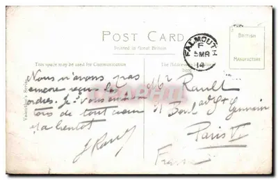 Bilhete postal antigo Marine Drive Falmouth — Verso