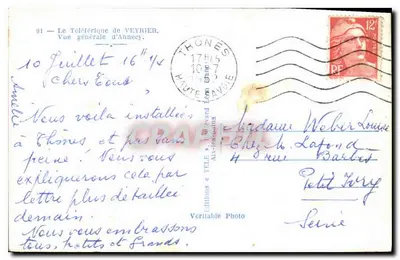 Le Téléphérique de Veyrier — Vue générale d'Annecy — Éditeur Véritable Photo, série 91 — Verso