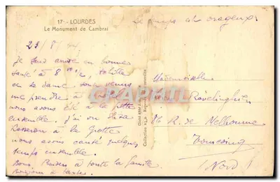 Monumento a los Santos Infermeros — Diócesis de Cambrai — editor desconocido, número de serie no visible — Reverso