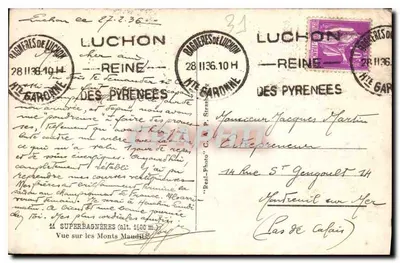 Widok na Monts Maures (Wysokość 1500 m) — Luchon, Pireneje — wydawca 'Real-Photo' C. P. Strasberg — Rewers
