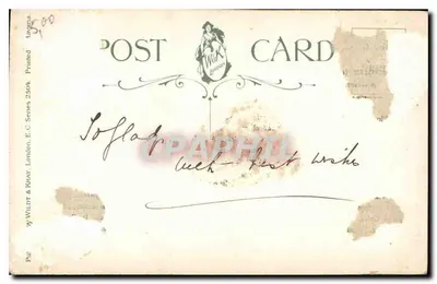Pássaros em torno de um buxo nevado — A JOYFUL CHRISTMAS — J. W. Willett & Keay, London, E.C. Série 2504 — Verso